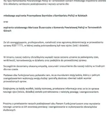 Podziękowania dla policjantów z Kalet i Tarnowskich Gór za wzorową służbę