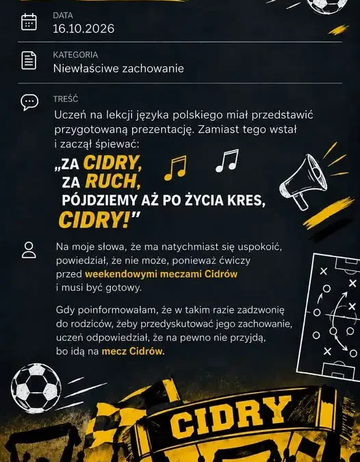 Cidry Ruch Radzionków – weekendowe mecze i szkolna anegdota